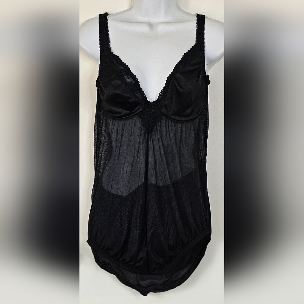 Vintage Young Smoothie Strouse Adler Black Sheer Mesh Lace Bodysuit Snap